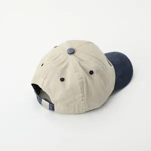 Kids vintage beige and navy baseball cap with cartoon embroidery and metal buckle