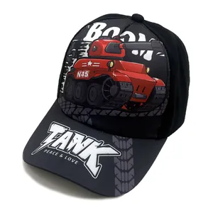 Detailed side view of black kids' baseball cap with red tank print and Tank typography