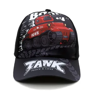 Kids black baseball cap with cartoon tank print and BOOM TANK decorative lettering