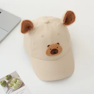 Beige Capybara baseball cap with plush 3D ears and cartoon embroidery for kids