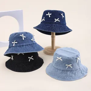 Bob en Denim Doux pour Femmes Avec Nœuds en Ruban Blanc Protection Solaire Chapeau de Pêcheur en Coton