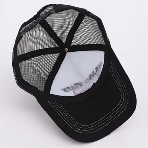Classic black trucker hat with breathable mesh and adjustable snapback closure