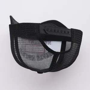 Rear view of a black mesh trucker hat with an adjustable snapback closure for a custom fit