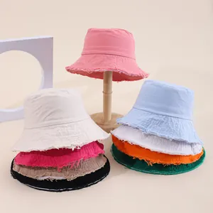 Cappello a Secchiello in Cotone Lavato Retro da Donna Bordo Sfrangiato Parasole Cappello a Bacino Tinta Unita Casual Estate Primavera Cappello da Sole