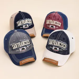 American Retro California Bear San Francisco Baseball Cap Washed Cotton Distressed Patchwork Trucker Hat Adjustable Outdoor