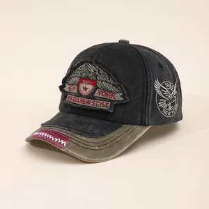 Vintage-Baseballkappe aus Baumwolle mit New York Stickerei und Distressed-Adler-Patch