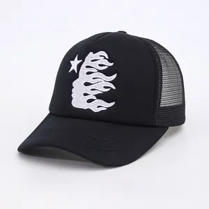 Hellstar style embroidered trucker hat with breathable mesh and black curved brim design