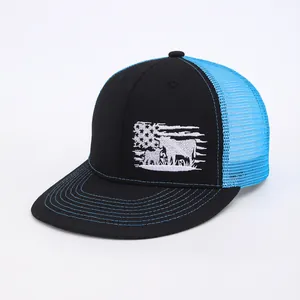 Black and light blue trucker hat with American flag and cattle embroidery on mesh back cap