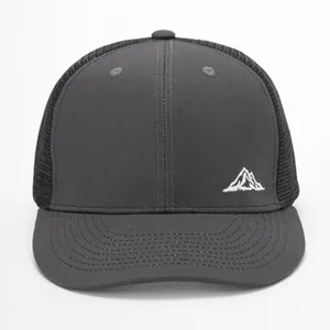 Dark gray trucker hat with white mountain embroidery and breathable black mesh back panel