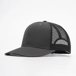 Classic black mesh trucker hat with a curved brim and breathable polyester back panels