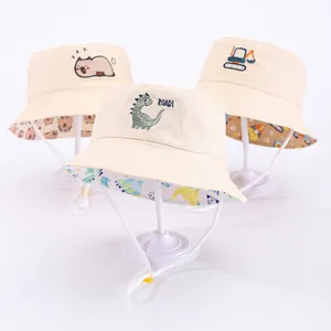 Cappello a Secchiello in Cotone per Bambini Dinosauro Escavatore Capibara Ricamo Cartone Animato Protezione Solare Con Cordino Antivento Regolabile