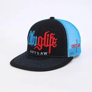 Black and blue trucker hat featuring Thug Life 3D embroidery and breathable mesh back