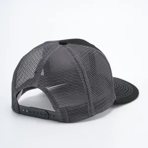 Rear view of black and dark grey breathable mesh trucker hat with adjustable snapback strap