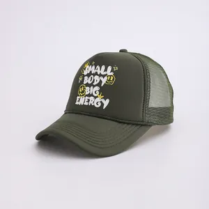 Detail of dark green trucker hat with white graffiti text and yellow smiley face graphic