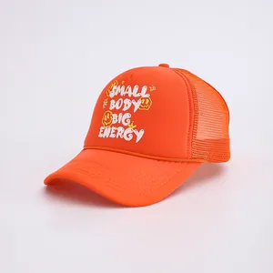 Detail of orange trucker hat showing breathable mesh and small body big energy print