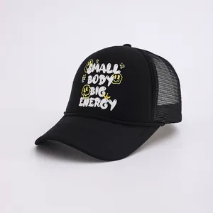 Black trucker hat with Small Body Big Energy slogan and yellow smiley face design