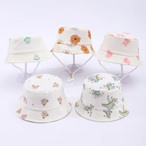 Cartoon Animal Embroidered Baby Bucket Hat Cotton Sun Protection Fisherman Hat With Adjustable Windproof Rope For Toddler Kids