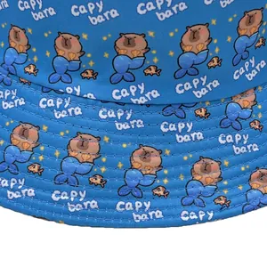 Μπλε καπέλο bucket με σχέδιο γοργόνα Capybara από ύφασμα υψηλής ποιότητας και ραφές