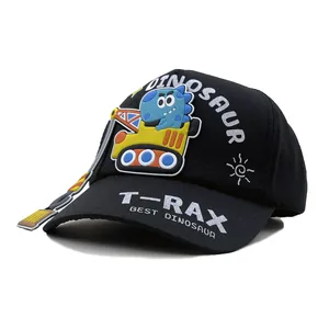 Kids black baseball cap with 3D dinosaur excavator patch and white embroidery