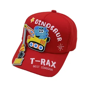 Red kids baseball cap featuring a 3D cartoon dinosaur excavator and printed text