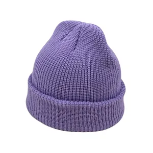 Classic lavender purple ribbed knit beanie cap with dome rolled edge design