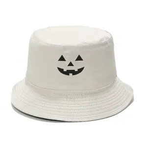 Chapeau bob Halloween beige réversible avec citrouille brodée pour hommes et femmes