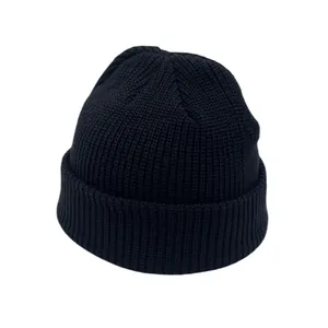 Close-up of the black ribbed knit texture and cuffed edge of the winter beanie hat