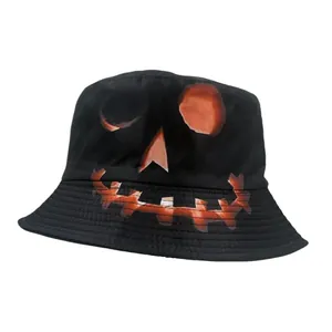 Black Halloween bucket hat with pumpkin face print for sun protection outdoor