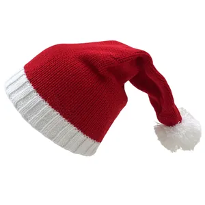 Detailed view of the thick white ribbed knit cuff and red stitch texture of the Santa hat