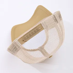 Khaki trucker hat with breathable mesh back and adjustable snapback closure for men and women