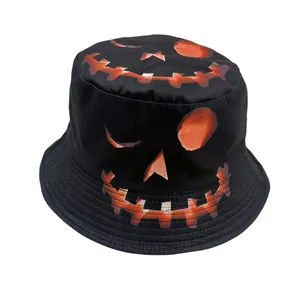 Black Halloween bucket hat with orange Jack-o'-lantern pumpkin print on white background