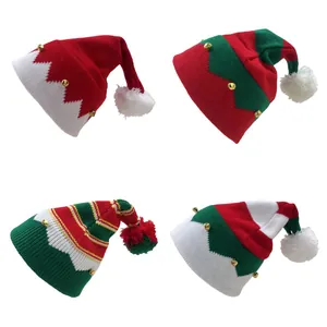 Gorro de Punto de Elfo de Navidad Festivo Con Pompones y Campanas Gorro de Punto Cálido a Rayas para Fiesta de Navidad