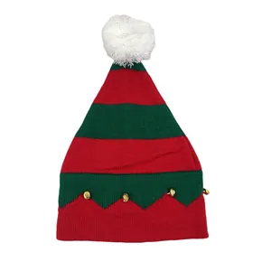 Gorro de Navidad de punto a rayas rojas y verdes con pompón blanco y cascabeles oro