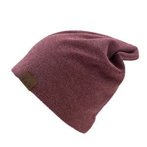 Unisex baggy streetwear beanie in burgundy knit fabric with a brown leather F&S logo patch