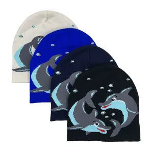 Fashion Dolphin Jacquard Knit Beanie Hat For Men Women Winter Warm Soft Acrylic Beanie Outdoor Casual Versatile Skull Cap