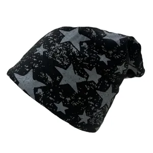 Knitted slouchy beanie in black with vintage grey star patterns for men and women