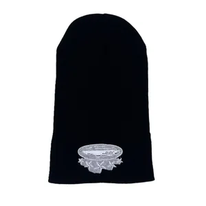 Streetwear black knit beanie featuring silver embroidery and a soft ribbed texture