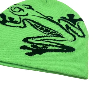 Vibrant green knitted beanie with cartoon frog jacquard pattern for men and women