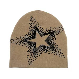 Bonnet en tricot avec motif étoile pixelisée noire en kaki style urbain décontracté hiver