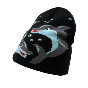 Unisex black knit beanie featuring cute cartoon shark jacquard and warm ear protection