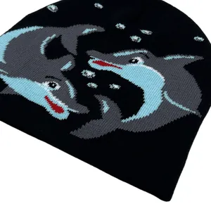 Unisex black knit beanie featuring a jacquard dolphin pattern for winter casual wear