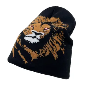 Winter lion jacquard knit beanie hat in black with animal pattern for men and women