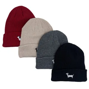 Dachshund Embroidery Ribbed Knit Beanie Hat For Women Men Winter Warm Solid Color Acrylic Skull Cap Outdoor Casual Headwear
