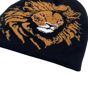 Black knit beanie with lion jacquard pattern and vertical text for men and women