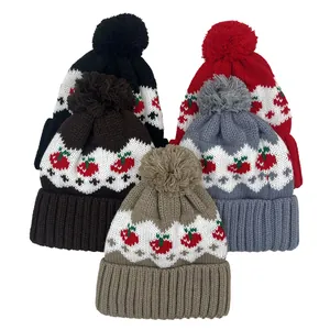 Berretto in Maglia con Motivo Mela Carino con Pom-Pom Invernale Caldo Protezione Orecchie Fair Isle per Donna Natale
