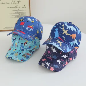 Kids baseball caps with dinosaur, excavator, and pirate prints in four colors
