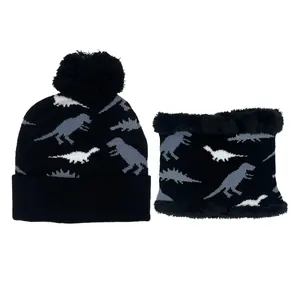 Kids Knitted Beanie Hat And Scarf Set Acrylic Warm Winter Dinosaur Pattern Pom Pom Hat For Toddler Boys Girls Clothing