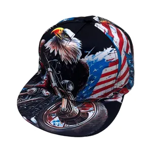 Flat brim baseball cap featuring bald eagle and American flag print on black canvas