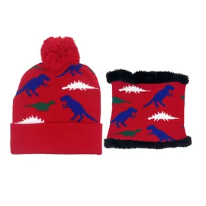 Red knit dinosaur beanie and scarf set for boys with cute pom pom and fur lining