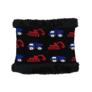 Detail of kids knit neck warmer with cartoon excavators and soft black faux fur trim